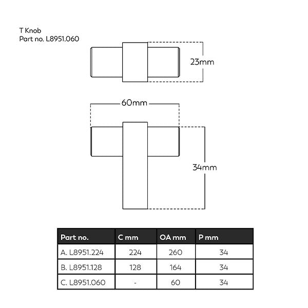 Momo Handles Loreto T Knob 60mm Technical Drawing - The Blue Space
