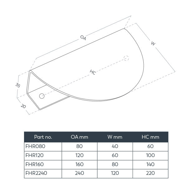 Momo Handles Sola Half Round Lip Pull Technical Drawing - The Blue Space