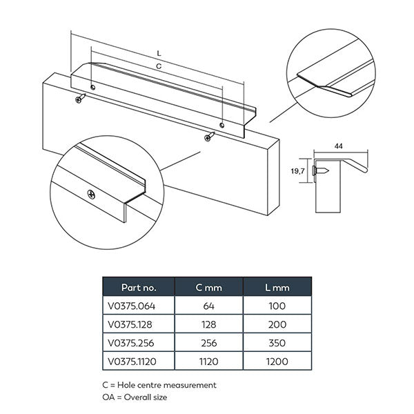 Momo Handles Vann Lip Pull Handle Technical Drawing - The Blue Space