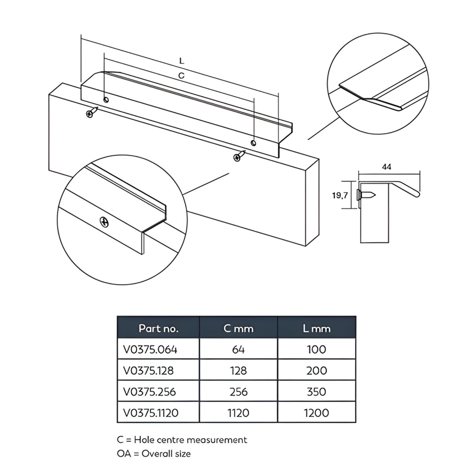 Momo Handles Vann Lip Pull Handle Technical Drawing - The Blue Space