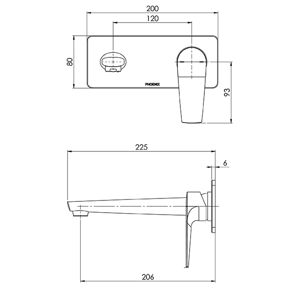 Phoenix Arlo Wall Basin/Bath Mixer Set 180mm Technical Drawing - The Blue Space