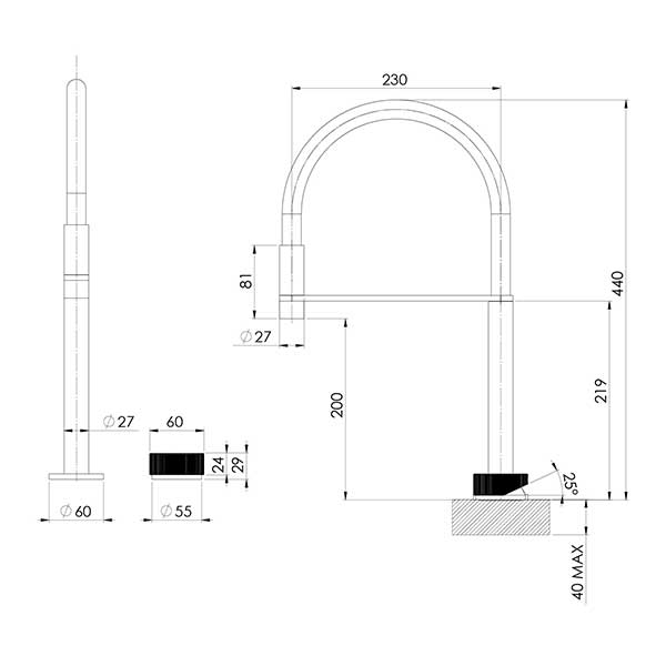 Phoenix Axia Hob Sink Mixer Set Flexible Hose Technical Drawing - The Blue Space