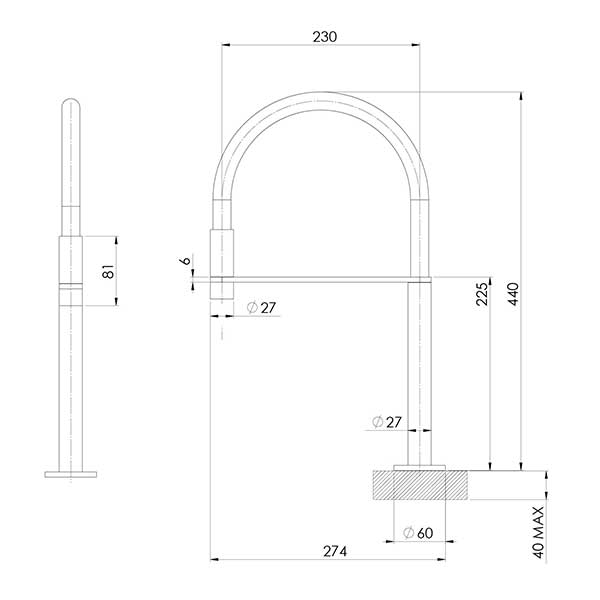 Phoenix Axia Hob Sink Mixer Set Flexible Hose Technical Drawing - The Blue Space