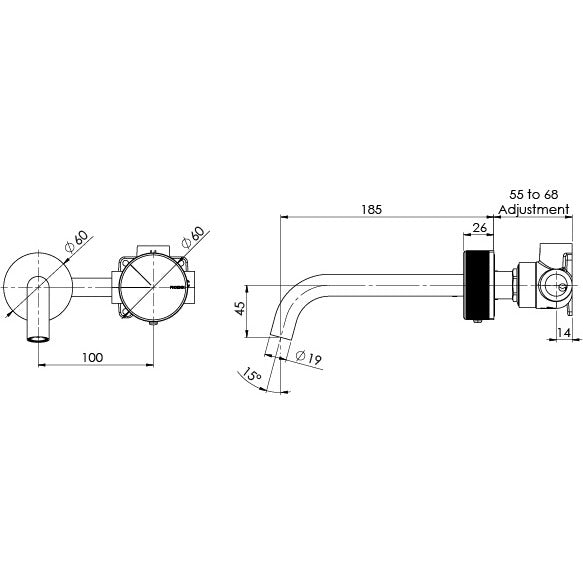 Phoenix Axia Wall Basin/Bath Curved Outlet Set 180mm Technical Drawing - The Blue Space