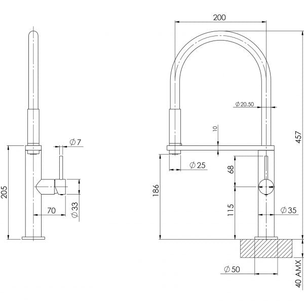 Phoenix Blix Flexible Hose Sink Mixer Round Technical Drawing - The Blue Space