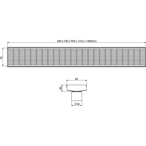 Phoenix V Channel Drain HG 45mm Outlet - Matte Black Technical Drawing - The Blue Space