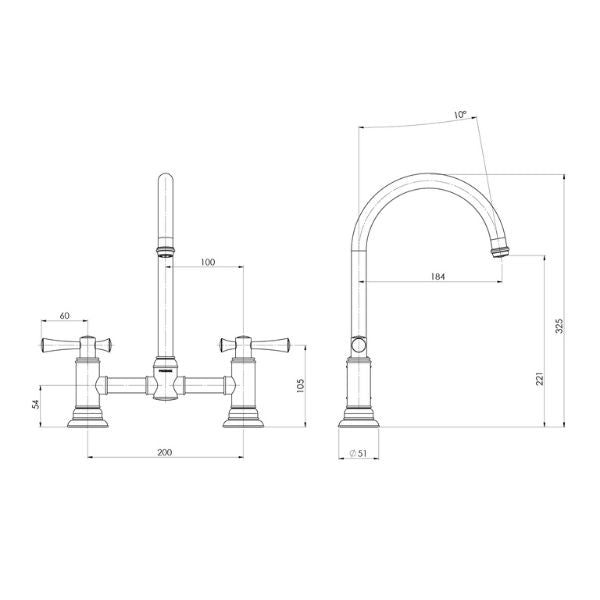 Technical Drawing; Phoenix Cromford Exposed Sink Set - The Blue Space