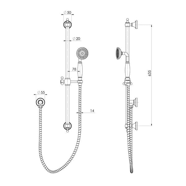 Technical Drawing; Phoenix Cromford Rail Shower