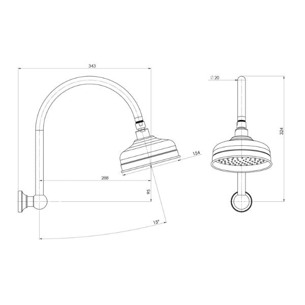 Technical Drawing; Phoenix Cromford Shower Arm and Rose