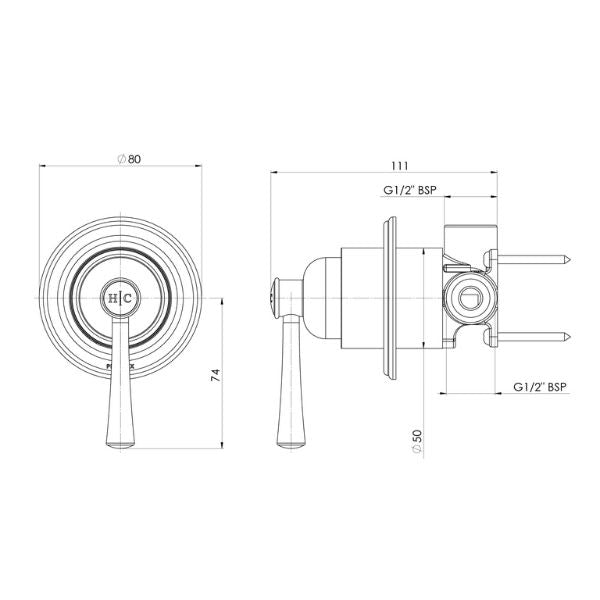 Technical Drawing; Phoenix Cromford Shower / Wall Mixer