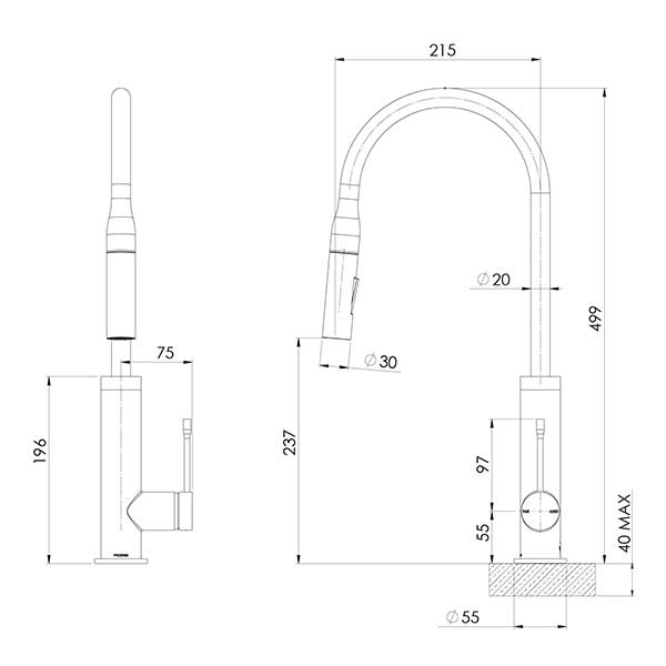 Phoenix Deja Sink Mixer Technical Drawing - The Blue Space