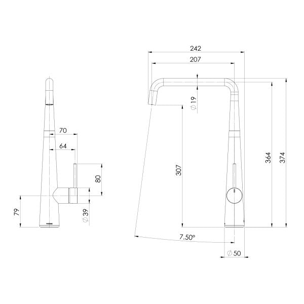 Phoenix Erlen Sink Mixer 200mm Squareline Technical Drawing - The Blue Space