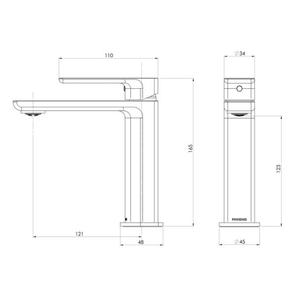Technical Drawing; Phoenix Gloss MKII Basin Mixer