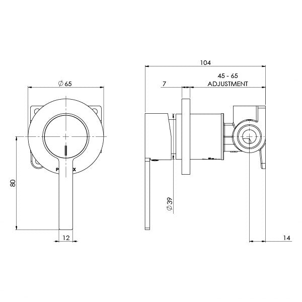 Phoenix Lexi MKII Shower/Wall Mixer Technical Drawing - The Blue Space