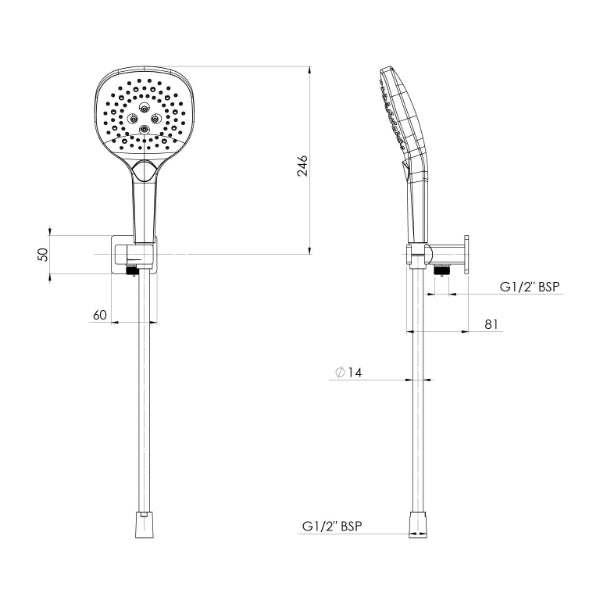 Technical Drawing: Phoenix Nuage Hand Shower Matte White