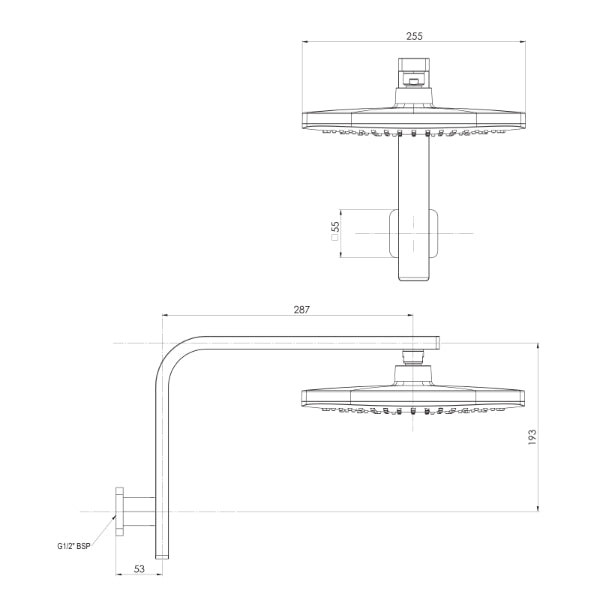Technical Drawing: Phoenix Nuage Hi Rise Shower Arm & Rose Brushed Nickel