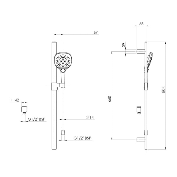 Technical Drawing: Phoenix Nuage Rail Shower Matte White