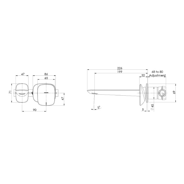 Phoenix Nuage Wall Basin/Bath Mixer Set 200mm Technical Drawing - The Blue Space
