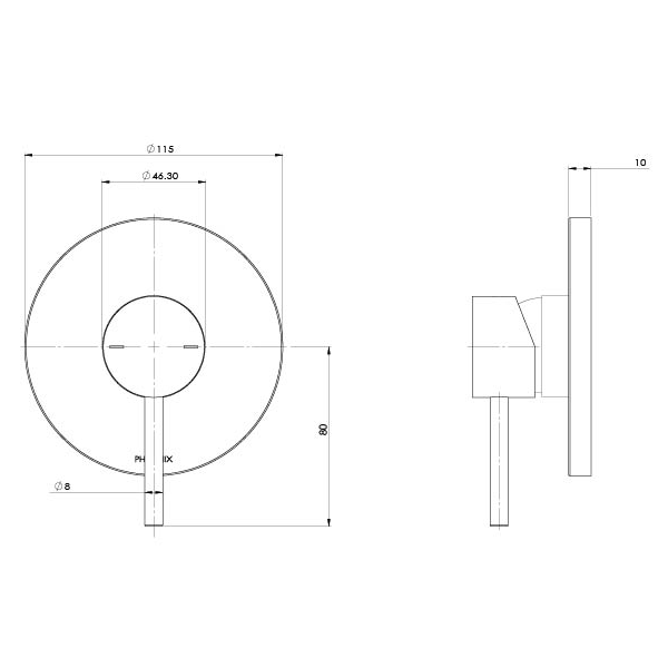 Phoenix Pina Shower/Wall Mixer Brushed Nickel Technical Drawing - The Blue Space