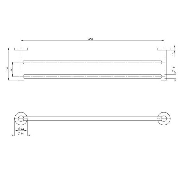 Phoenix Radii Stainless Steel Double Towel Rail Round Plate 600mm Technical Drawing - The Blue Space