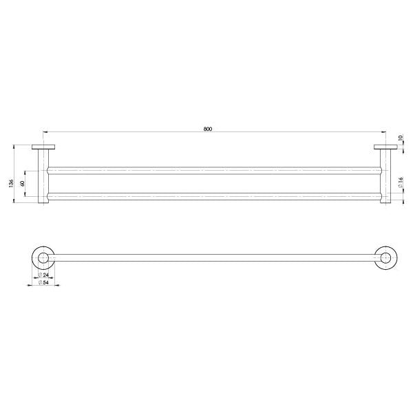 Phoenix Radii Stainless Steel Double Towel Rail Round Plate 800mm Technical Drawing - The Blue Space
