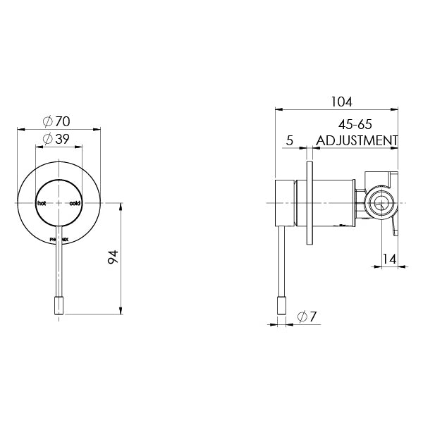 Phoenix Vivid Slimline Shower/Wall Mixer 316 Stainless Steel Technical Drawing - The Blue Space