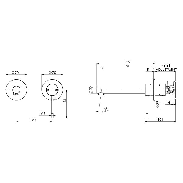 Phoenix Vivid Slimline Wall Basin/Bath Mixer Set 180mm 316 Stainless Steel Technical Drawing - The Blue Space