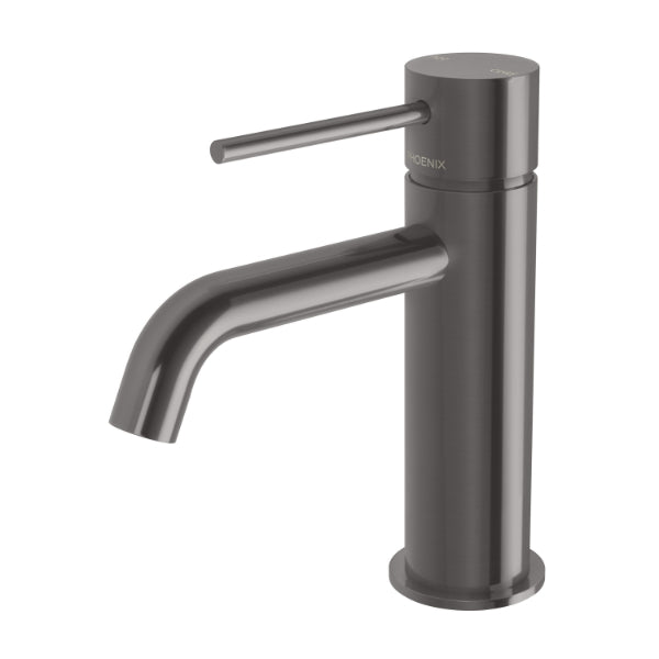 Phoenix Vivid Slimline Basin Mixer Curved Outlet in Brushed Carbon - The Blue Space
