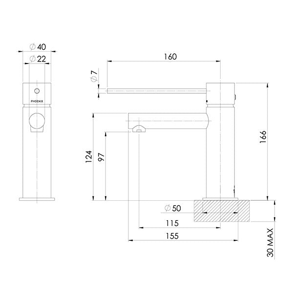Phoenix Vivid Slimline Basin Mixer With Extended Lever Technical Drawing - The Blue Space