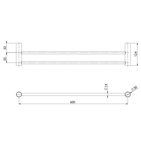 Phoenix Vivid Slimline Double Towel Rail 600mm Technical Drawing - The Blue Space