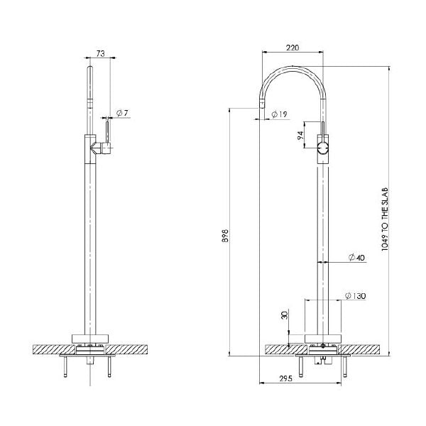 Phoenix Vivid Slimline Floor Mounted Bath Mixer Technical Drawing - The Blue Space