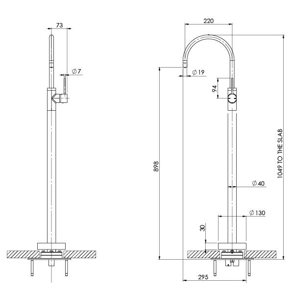 Phoenix Vivid Slimline Floor Mounted Bath Mixer Technical Drawing - The Blue Space