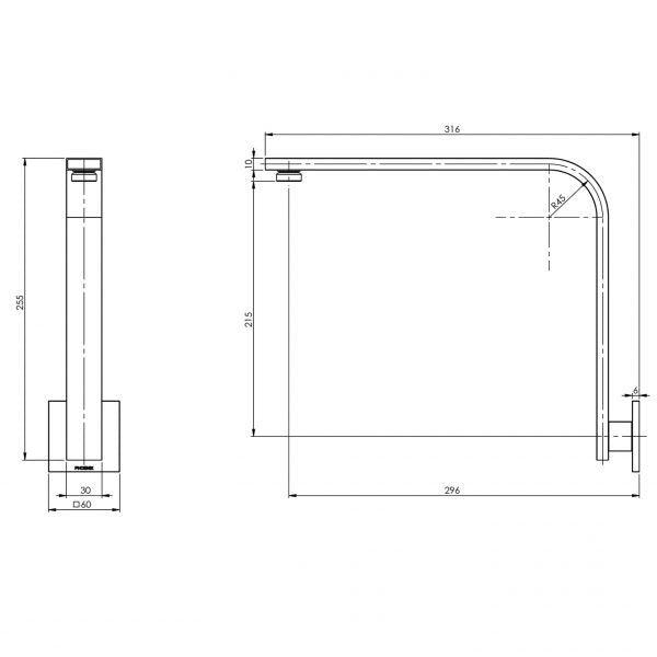 Phoenix Vivid Slimline Shower Arm Square Plate Technical Drawing - The Blue Space