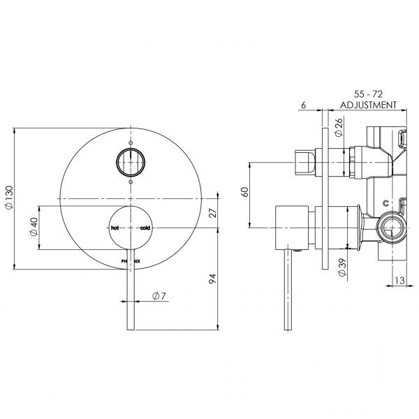 Phoenix Vivid Slimline Shower/Bath Diverter Mixer Technical Drawing - The Blue Space