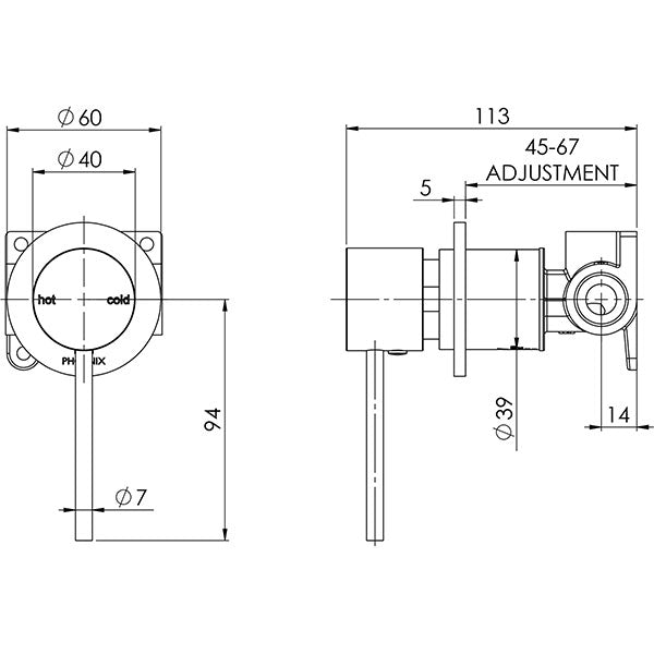 Phoenix Vivid Slimline Shower/Wall Mixer 60mm Backplate Technical Drawing - The Blue Space