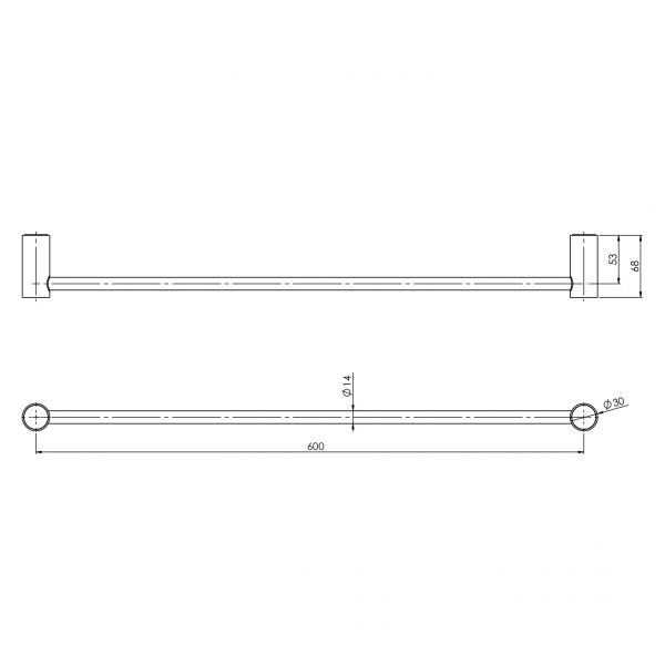 Phoenix Vivid Slimline Single Towel Rail 600mm Technical Drawing - The Blue Space