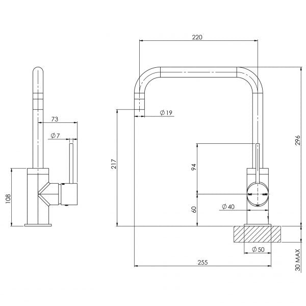 Phoenix Vivid Slimline Sink Mixer 220mm Technical Drawing - The Blue Space