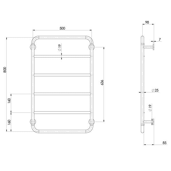 Phoenix Vivid Slimline Towel Ladder 800 x 500mm Technical Drawing - The Blue Space
