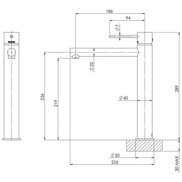 Phoenix Vivid Slimline Vessel Mixer Technical Drawing - The Blue Space