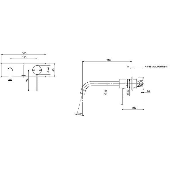 Phoenix Vivid Slimline Wall Basin Mixer 230mm Technical Drawing - The Blue Space