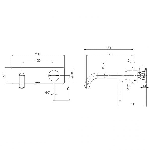 Phoenix Vivid Slimline Wall Bath Mixer 180mm Curved Technical Drawing - The Blue Space