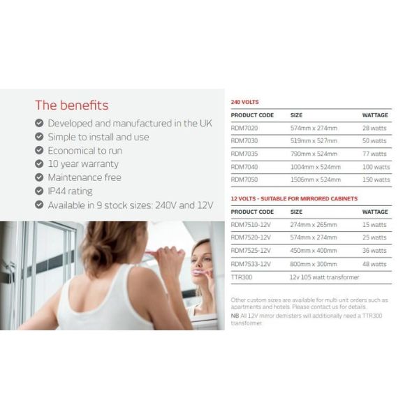 Radiant Mirror Demisters Spec Sheet | The Blue Space