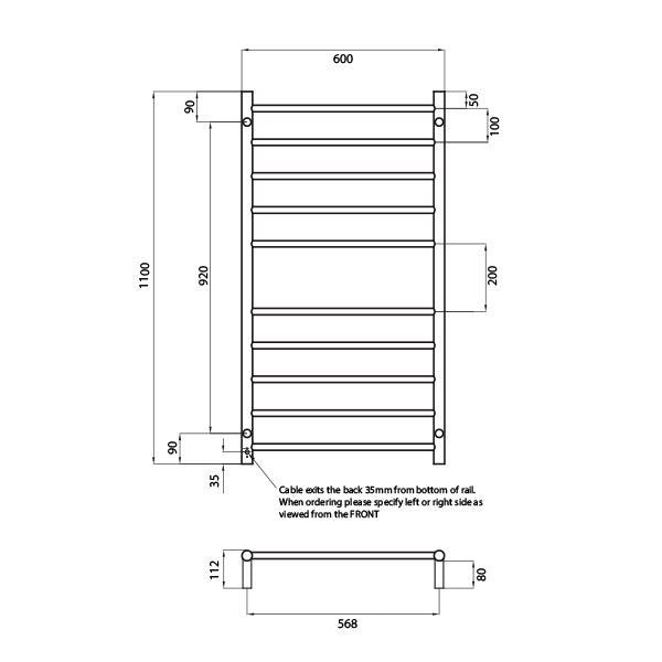 Radiant Round 10 Bar Heated Towel Ladder 600 x 1100 Technical Drawing - The Blue Space