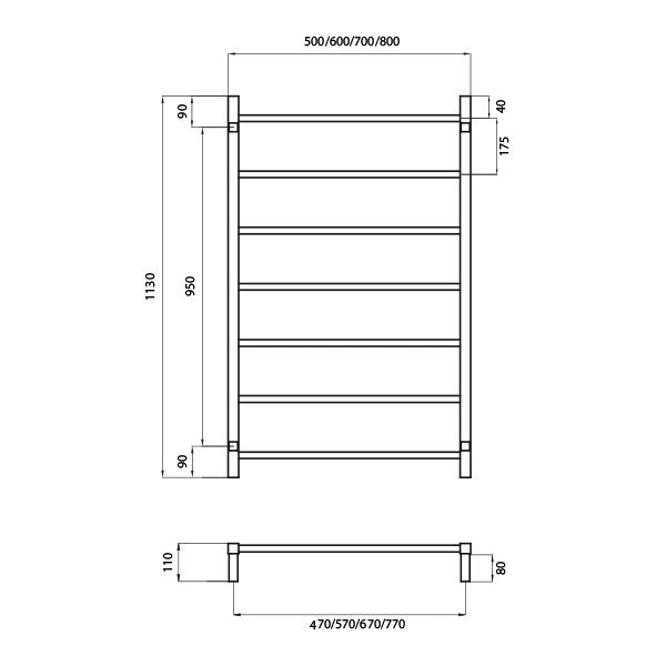 Radiant Square 7 bar Non-Heated Rail 600 x 1130 Technical Drawing - The Blue Space