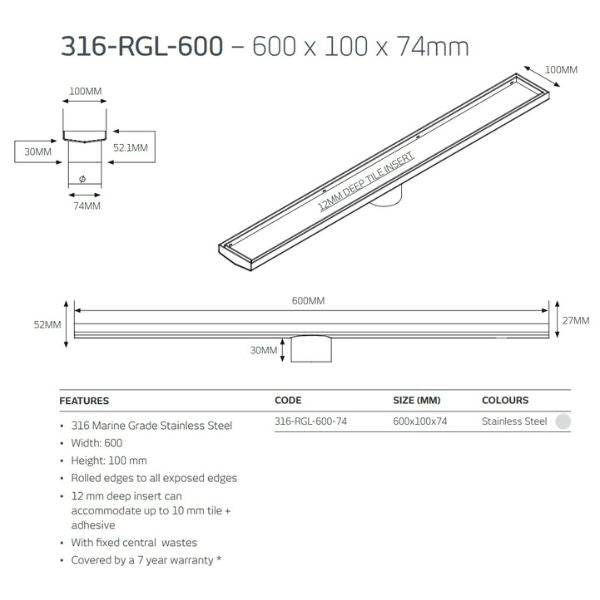 Technical Drawing: Radiant Tile Insert Linear Shower Grate - Brushed Gold 316-GLD-RGL-600 - The Blue Space