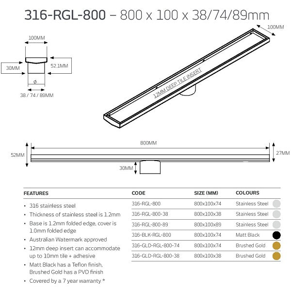 Technical Drawing: Radiant Tile Insert Linear Shower Grate - Matt Black 316-RGL-800 | The Blue Space
