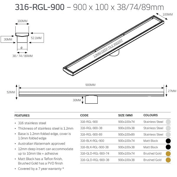Technical Drawing: Radiant Tile Insert Linear Shower Grate - Matt Black 316-RGL-900 | The Blue Space