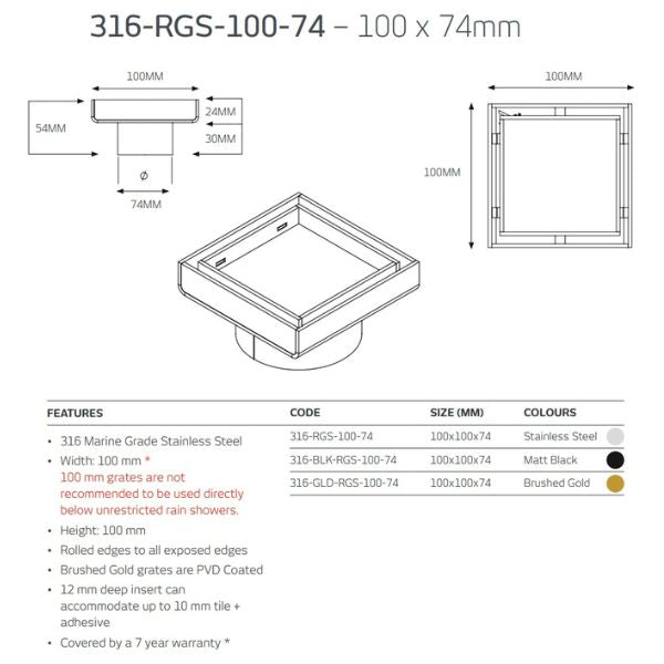 Radiant Tile Insert Square Floor Waste - Brushed Gold 74mm Outlet Technical Drawing| The Blue Space