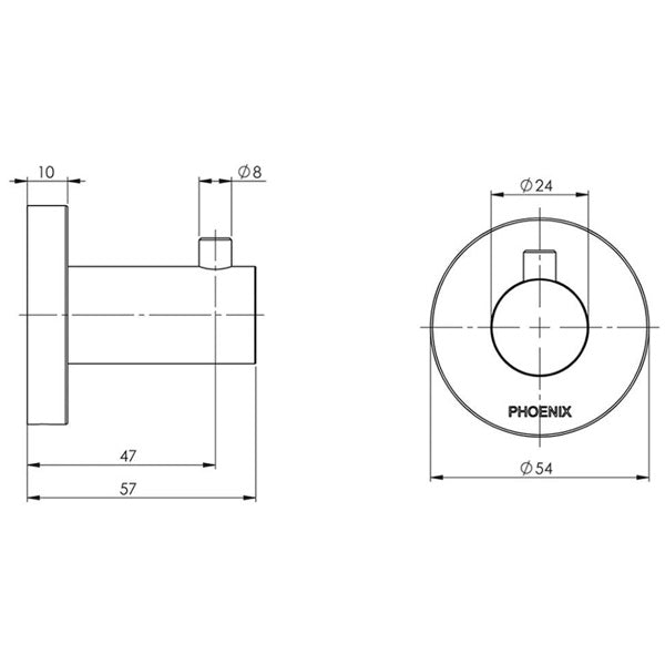 Phoenix Radii Robe Hook Round Plate Technical Drawing - The Blue Space