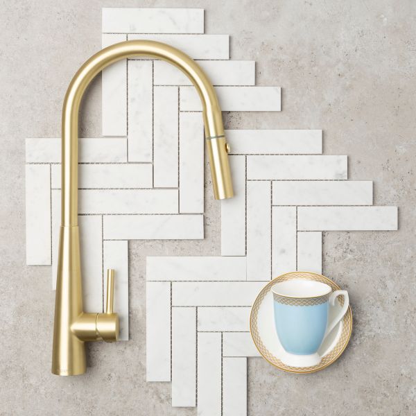 Suprema Xpress Fit Xcel Stainless Steel Retractable Sink Mixer Brushed Gold Lifestyle - The Blue Space